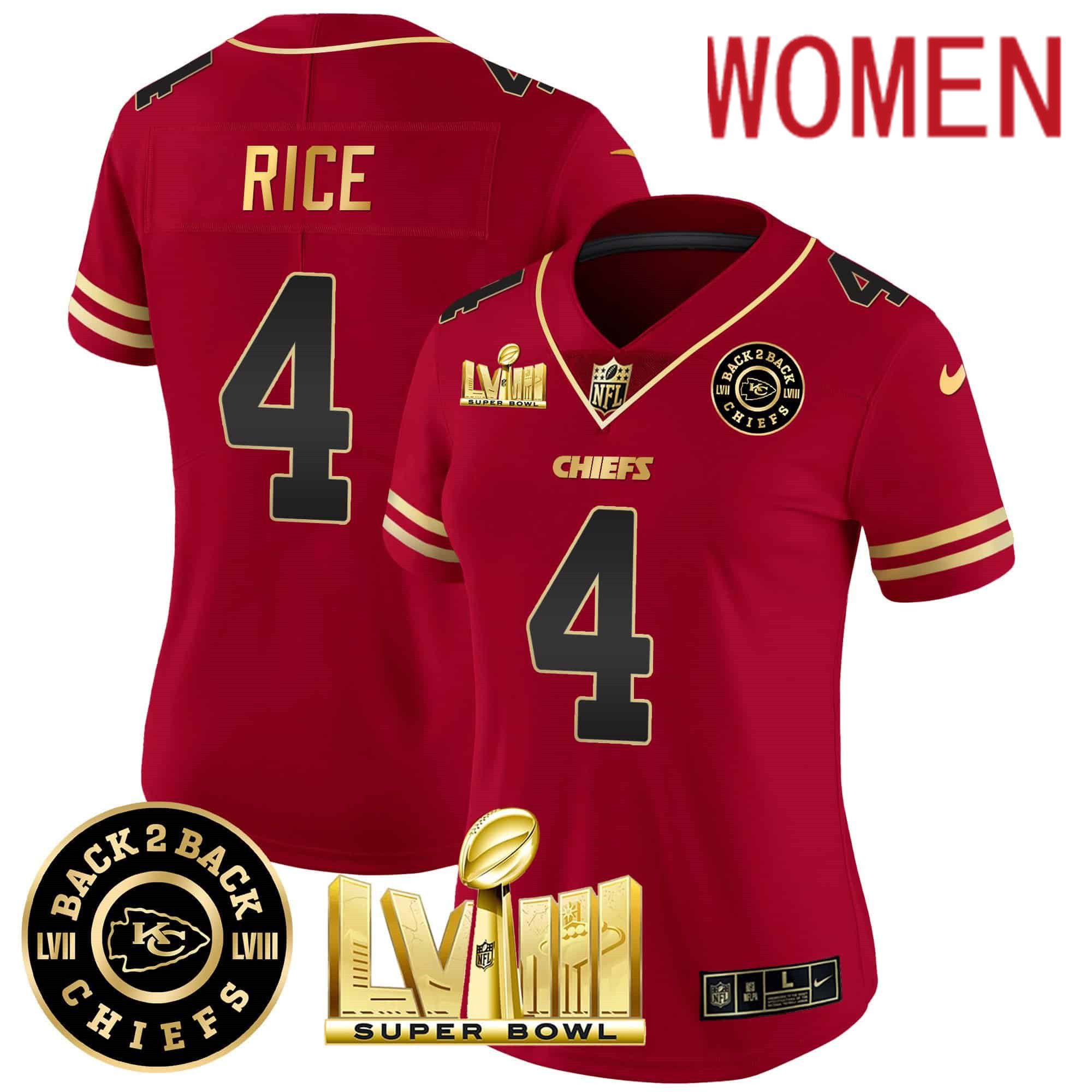 Women Kansas City Chiefs #4 Rice Red 2024 Nike Super Bowl LVIII & Back-2-Back Patch Vapor NFL Jersey style 1